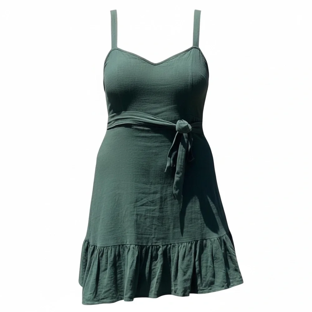 Sleeveless Green Tie-Waist Mini Dress with Ruffle Hem - Picture 1 of 9